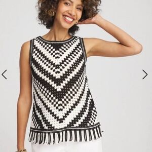 Chico's Black and White Geometric Fringe Tank Top